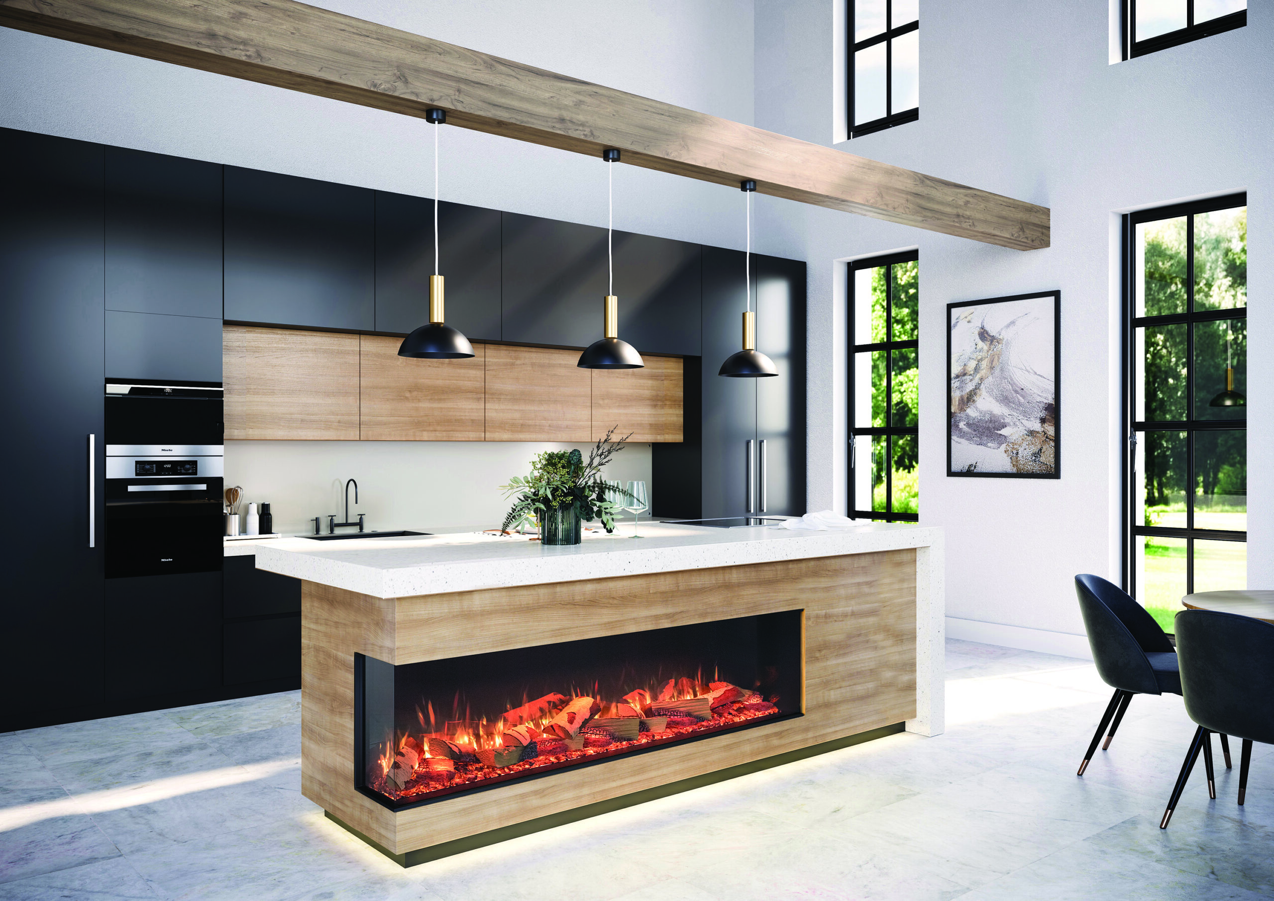 Avanti 190RW with optional Split Silver Birch Log-effect, installed as a two-sided corner fire. Avanti 190RW with optional Split Silver Birch Log-effect, installed as a two-sided corner fire.